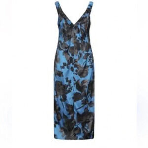 Dries Van Noten blue silk dress with black floral flowers